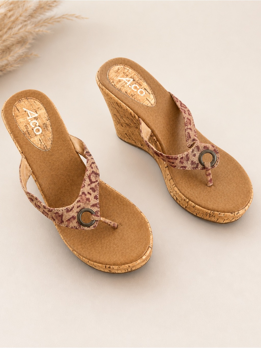 Vintage Y2K A.CO Wedge Sandals 9 Cork Heel Thong Neutral Animal Print 4 Inch